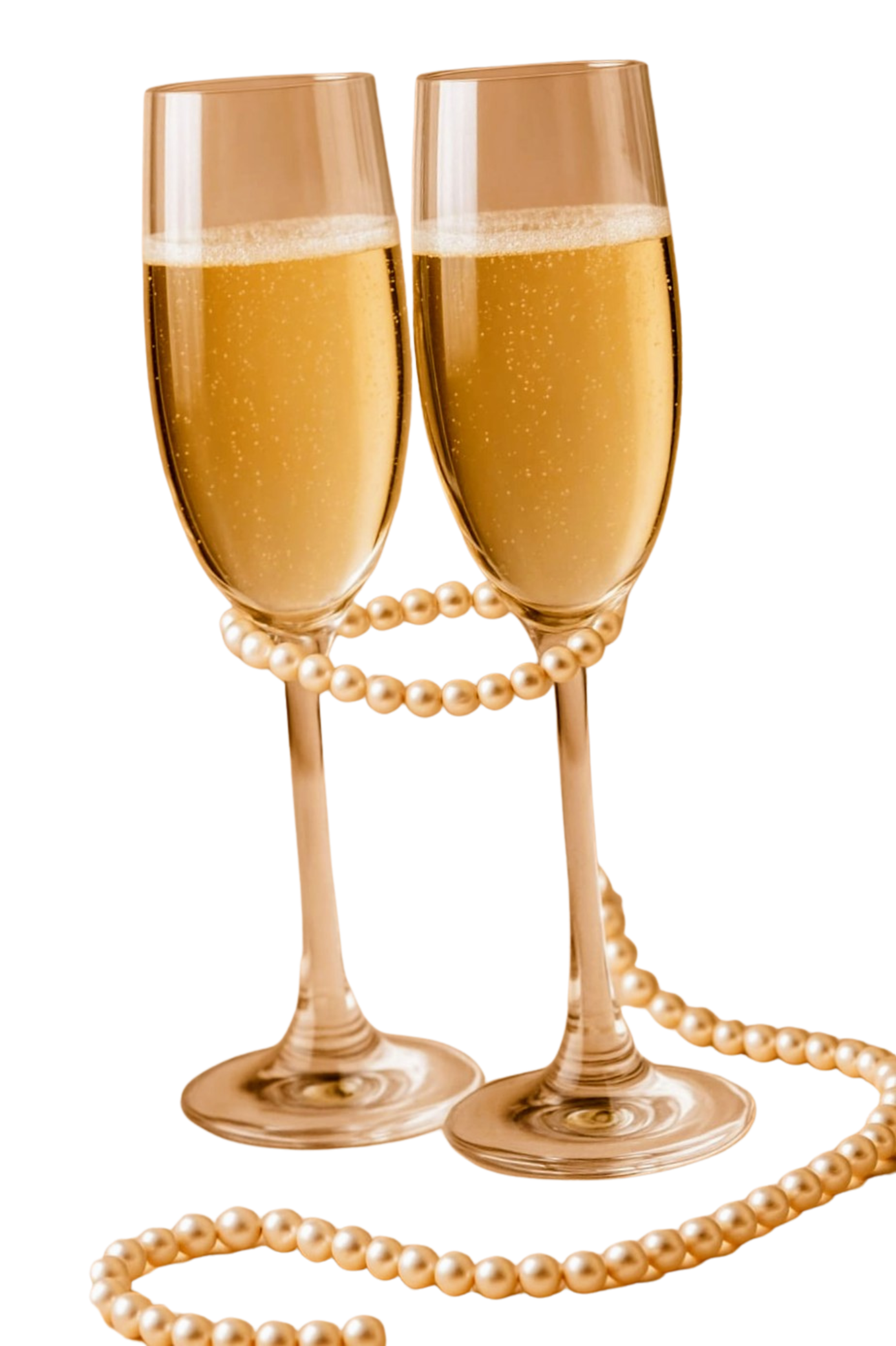 Two champagne flutes with pearls tied together, symbolizing a celebration or luxury event.